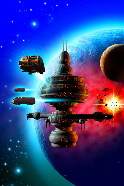 istock Spaceship starting from a space station under Attack, alien planetary system, 3d illustration 1317425757