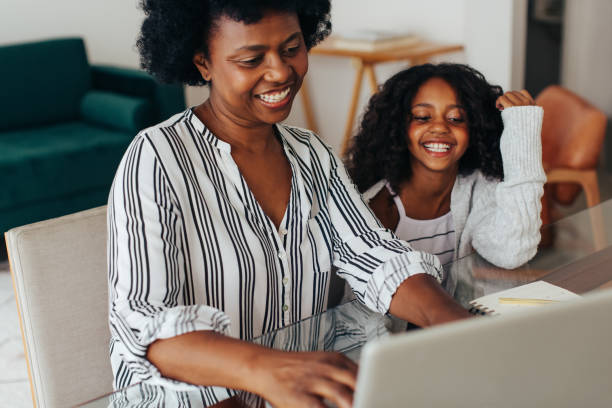 istock Mother and daughter using laptop at home 1317426821