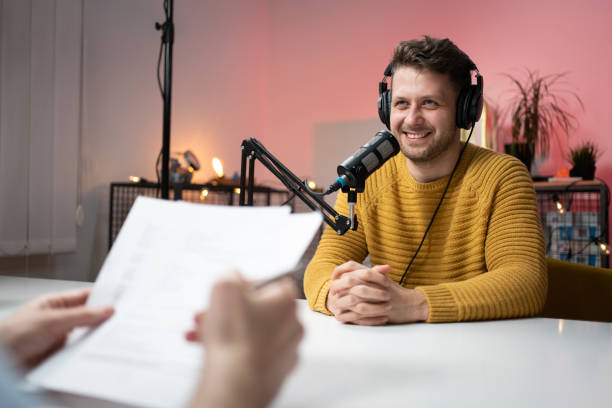 istock Joyful male guest on a podcast 1317428319