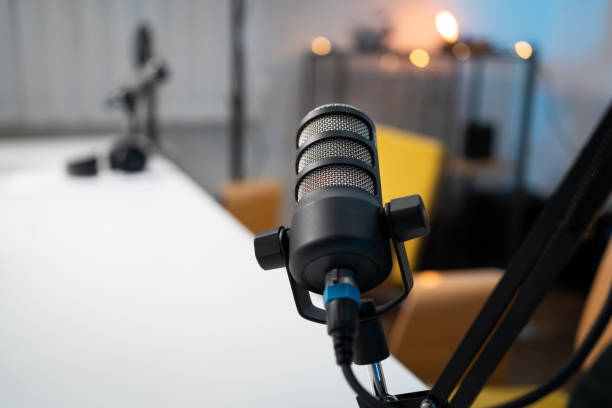 istock Close-up of a microphone in the studio 1317428544