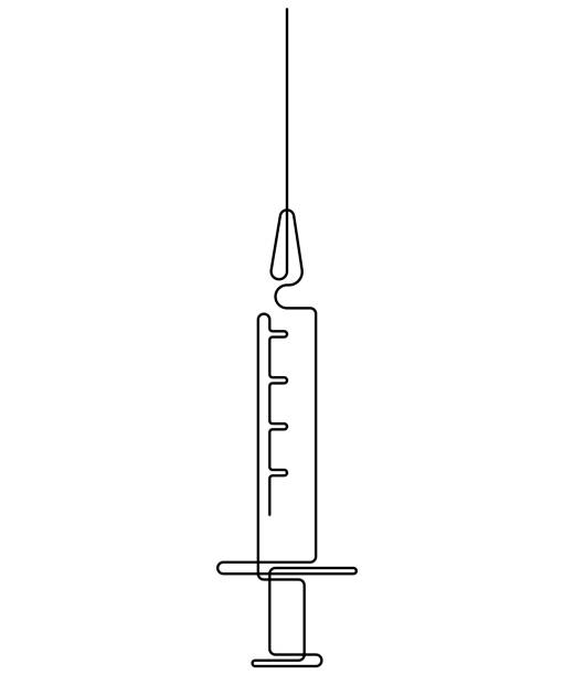바늘 주사기의 연속 한 줄 그리기. 의료 장비 또는 도구 손으로 그린 벡터 일러스트레이션. - syringe injecting vaccination healthcare and medicine stock illustrations