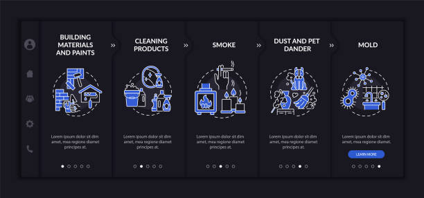 Domestic air pollutants onboarding vector template Domestic air pollutants onboarding vector template. Responsive mobile website with icons. Web page walkthrough 5 step screens. Dust, pet dander, paints night mode concept with linear illustrations air quality stock illustrations