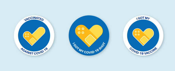 Vaccine campaign stickers with medical plaster. Vaccination badges Vaccination round badges with quote - I got covid 19 vaccine, i got my covid-19 shot, vaccinated against covid-19. Coronavirus vaccine stickers with medical plaster as heart symbol Vector illustration covid 19 vaccine stock illustrations