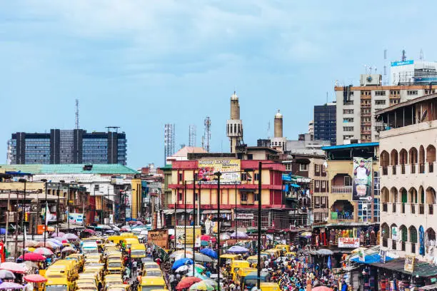 Traffic in african megacity.
Lagos, Nigeria, West Africa