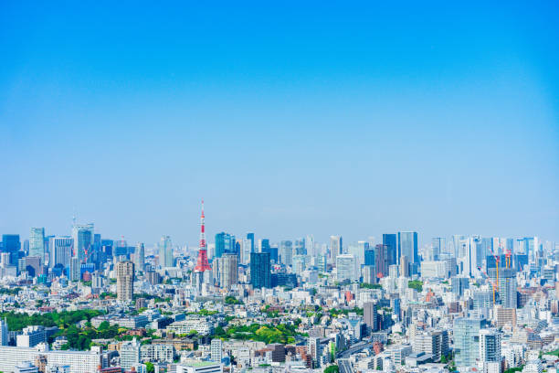 panoramablick auf das zentrum von tokio - tokyo sky tree fotos stock-fotos und bilder