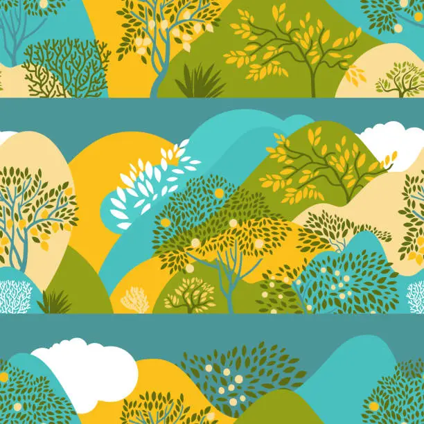 Vector illustration of Seamless pattern with hilly landscape, trees, bushes and plants. Growing plants and gardening. Protection and preservation of the environment. Earth Day. Vector illustration.