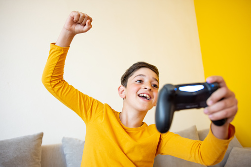 Young teenager boy at home playing video games