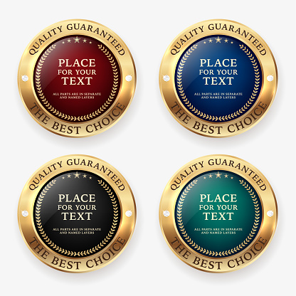 Set of four circle golden badge frames with diamonds, shadows and copy space. Vector illustration.