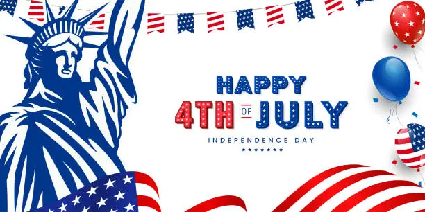 Vector illustration of Happy 4th of July, USA Independence day modern trendy design with 3d star lettering, typography design. on American waving flag, statue of liberty, usa balloon and stars on the background.