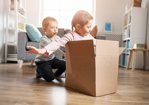 Cute children playing with cardboard box in living room. Concept of friendship and relationship in the family.