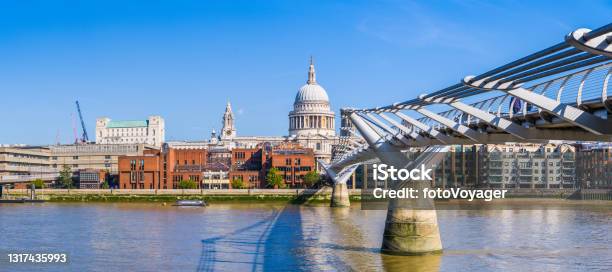 London St Pauls Cathedral Millenium Bridge River Thames Panorama Uk Stock Photo - Download Image Now