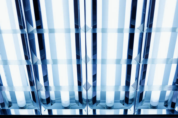 istock Abstract background with blue fluorescent lights. Neon glow from the ceiling lights 1317436025
