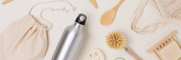 istock Banner with pattern made of zero waste items on a beige background. 1317438355
