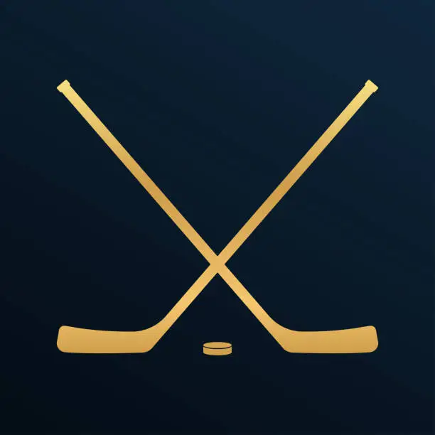 Vector illustration of Ice hockey crossed sticks and puck icon Black silhouette isolated on white background. Sport equipment symbol. Vector illustration.
