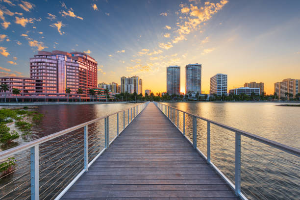 West Palm Beach, Florida, USA Downtown Skyline on the Intracoastal West Palm Beach, Florida, USA downtown skyline on the intracoastal waterway. west palm beach stock pictures, royalty-free photos & images