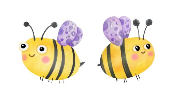 Cute bees characters hand drawn in watercolor. Adorable bee characters isolated o white. Ideal for bee day on may 20. bee costume stock illustrations