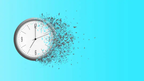 Clock falls apart, on a blue background. Dispersion effect. Copy space. Concept of the passing time. Business. Lifestyle. Background.