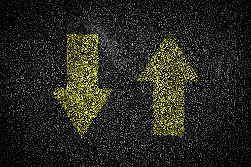 Yellow arrows pointing in different directions, Top view. The concept of choosing the right path. Business. Lifestyle. Background.