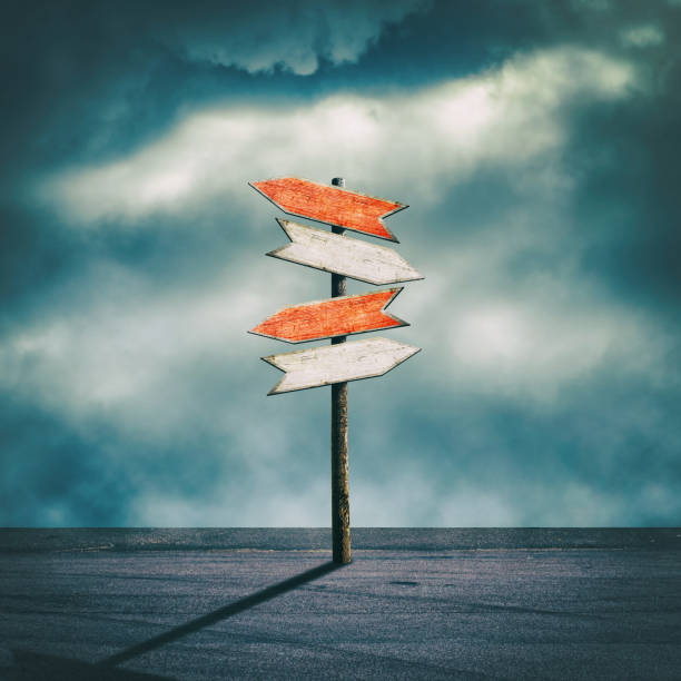 istock Wooden Sign with arrows pointing in different directions. Path selection concept. Making the right decision. The right direction. Square orientation. Business. 1317439869
