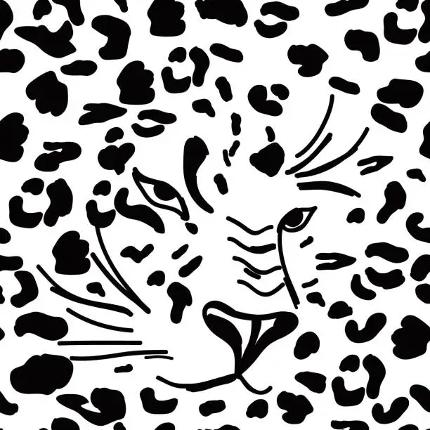 Vector illustration of Seamless pattern with black spots and leopard face. Trendy animal print. Cheetah, leopard skin, sketch vector drawing on white background. Illustration with animal head, monochrome design for apparel
