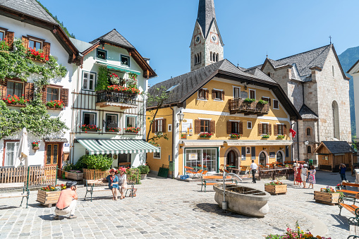 Hallstatt, Austria - 28-06-2019: The town square of Hallstatt in summer.