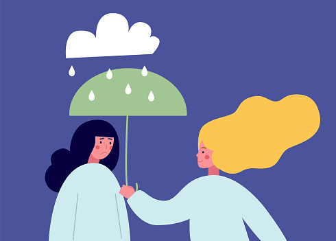 Sad and depressed girl. Woman comforting a depressed friend. Female giving support to an upset mate, flat vector illustration. friendship, depression, help. Creative vector illustration.
