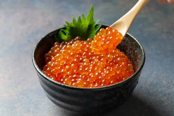 A lot of fresh salmon roe, which went into the black vessel