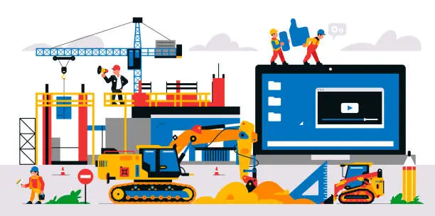 Vector illustration of The website is under construction. Service page warning that will be coming soon. Construction site with machinery, builders, tools, unfinished house. Isolated vector illustration on background