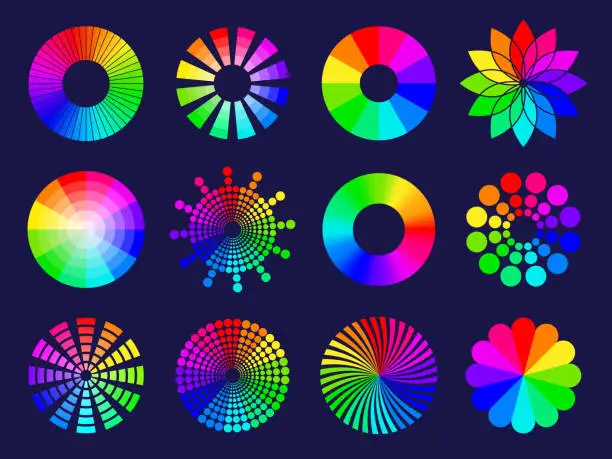 Vector illustration of Rgb circles. Round abstract shapes selective colored spectrum waves frequency wheels rgb palletes recent vector stylized symbols