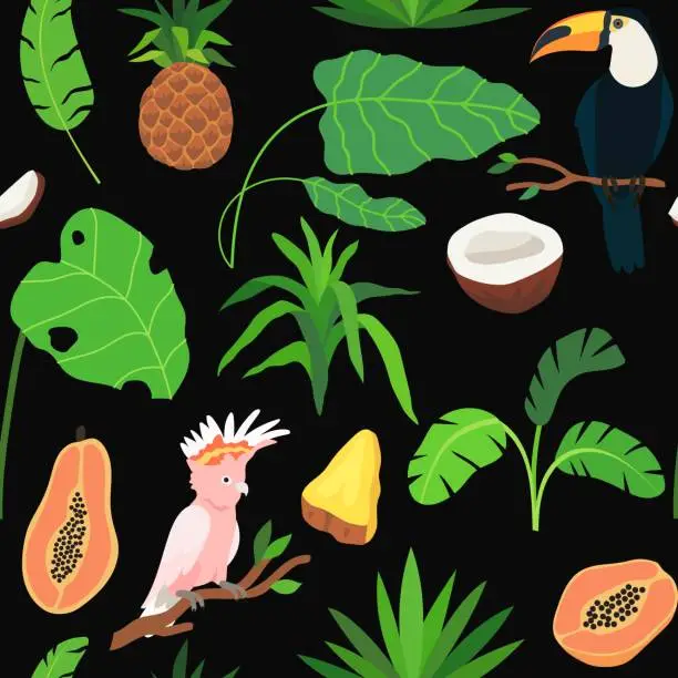 Vector illustration of Seamless pattern or texture with exotic and tropic ripe fruits such as papaya, coconut, pineapple, parrot, toucan and floral jungle elments for print, packaging design, textile, fabric. Summer theme.