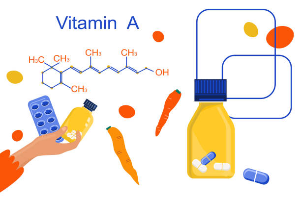 istock Vitamin A with Chemical formula. Retinol, beta carotene. Anti aging complex pills.Hand with blister pack.Nutrition with vegetables. 1317452282