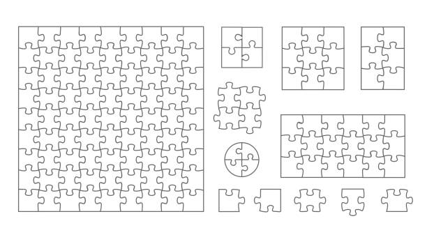 illustrations, cliparts, dessins animés et icônes de ensemble vectoriel de pièces de puzzle. séparer les pièces du puzzle avec la possibilité de changer l’épaisseur des lignes. puzzle d’isolement sur fond blanc. - scie sauteuse