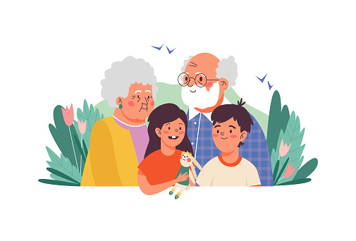 Banner With Grandparents And Grandchildren Cartoon Vector Illustration  Isolated Stock Illustration - Download Image Now - iStock
