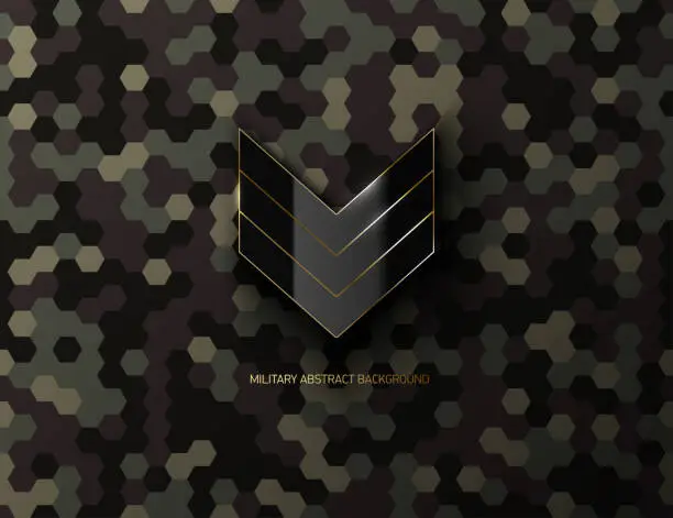 Vector illustration of Military black glossy sergeant rank sign on hex pixel camouflage background. Modern army camouflage hexagon pixel texture. Futuristic dark camo background. Black sign with golden frame