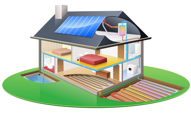 Ecological house with solar water heater, rainwater collector and geothermal energy (cut out) Open house in 3D with the different rooms and technical infrastructure visible geothermal reserve stock illustrations