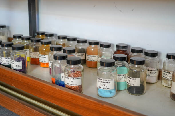 istock Bottles of chemicals in a science lab 1317456747