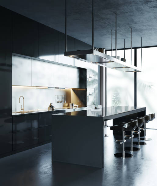3d masculine dark minimal industrial kitchen with concrete and glossy details