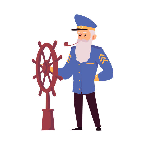 Isolated vector icon of the sea captain behind the steering wheel Isolated icon of the sea captain behind the steering wheel on board the ship. A bearded sailor man in a uniform, cap and with smoking pipe. Flat cartoon vector illustration. boat captain illustrations stock illustrations