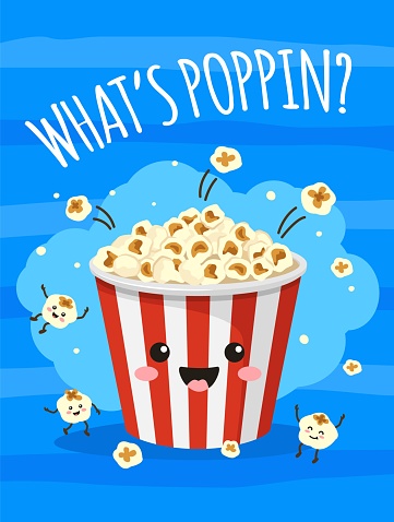 Popcorn poster. Cute bucket of popcorn with funny smiling face. Tv movie, cinema print with food and snacks. Cartoon vector background