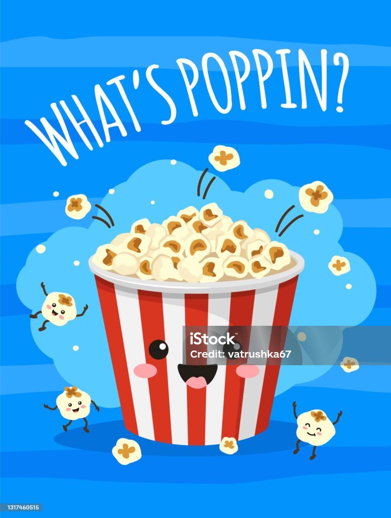 Popcorn Poster Cute Bucket Of Popcorn With Funny Smiling Face Tv Movie  Cinema Print With Food And Snacks Cartoon Vector Background Stock  Illustration - Download Image Now - iStock