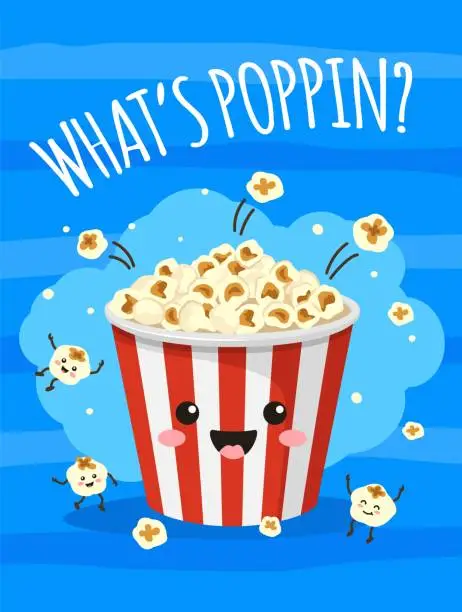 Vector illustration of Popcorn poster. Cute bucket of popcorn with funny smiling face. Tv movie, cinema print with food and snacks. Cartoon vector background