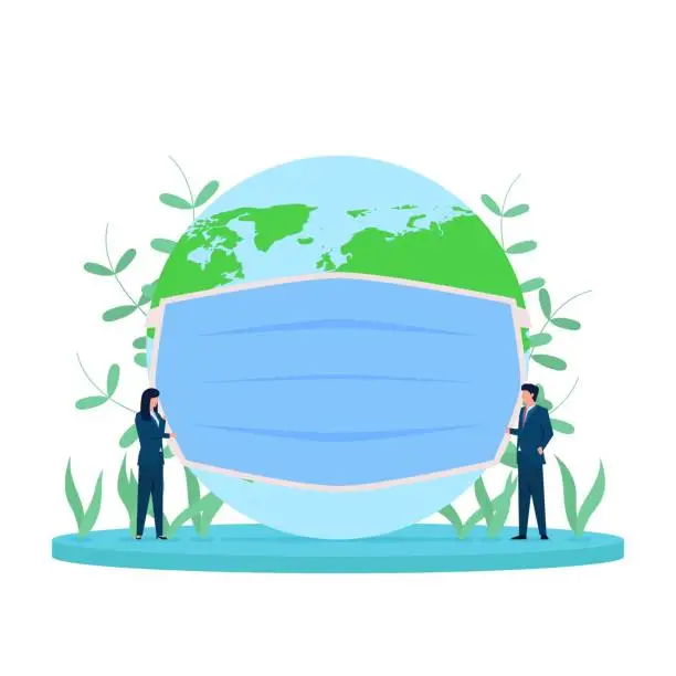 Vector illustration of Business flat vector concept people put on the globe with masker metaphor of save the world from corona virus.