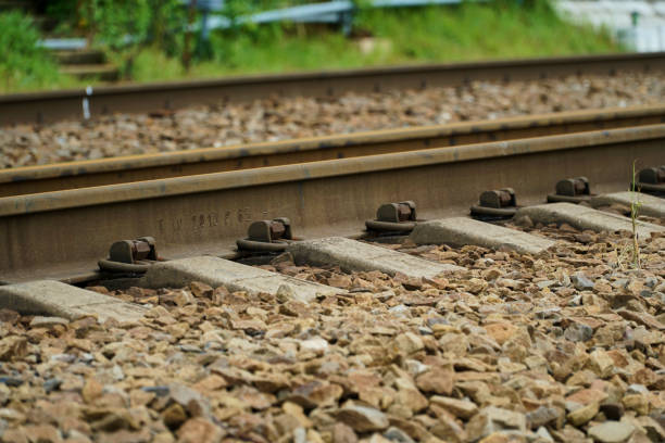 istock Electrical outlets, Rails, sleepers. Railway station.Empty railway. 1317460870