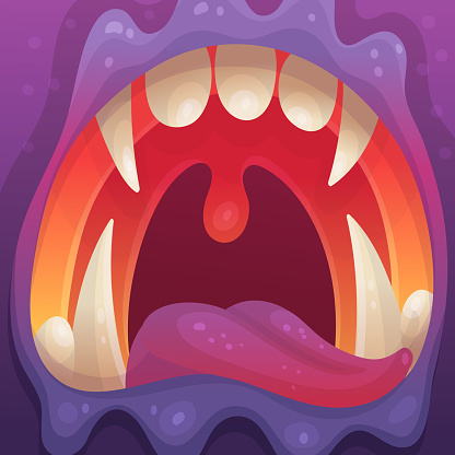 Wide open monster mouth with sharp teeth in bright purple colors, flat vector illustration. Frightening monster open jaws with wild and angry expression.
