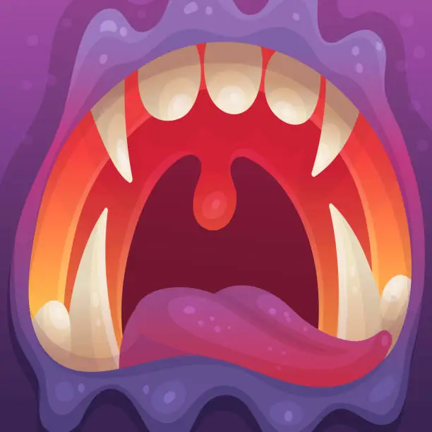 Vector illustration of Open monster mouth with sharp teeth in bright colors, flat vector illustration.