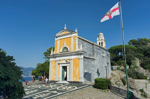 Portofino, Italy, 13/09/2020: the Church of St. George, built in 1154, that preserves inside the relics of St. George, patron saint of the city.