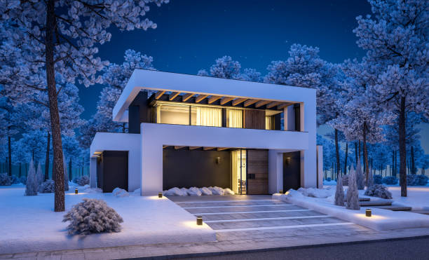 istock 3d rendering of modern house in luxurious style in winter night 1317463003