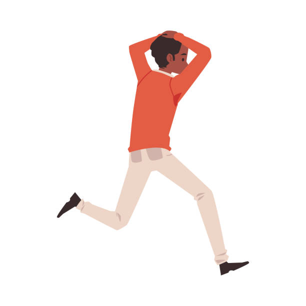 Man running away in panic afraid of something, flat vector illustration isolated. Man running away in panic afraid of something, cartoon flat vector illustration isolated on white background. Scared frightened man running clutching his head. runaway stock illustrations