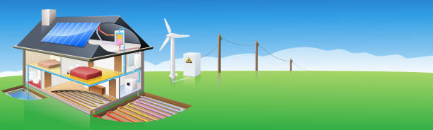 lanskap dengan rumah ekologis dipasok dengan listrik oleh turbin angin - sustainable bathroom ilustrasi stok