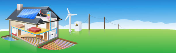 istock Landscape with an ecological house supplied with electricity by a wind turbine 1317463315